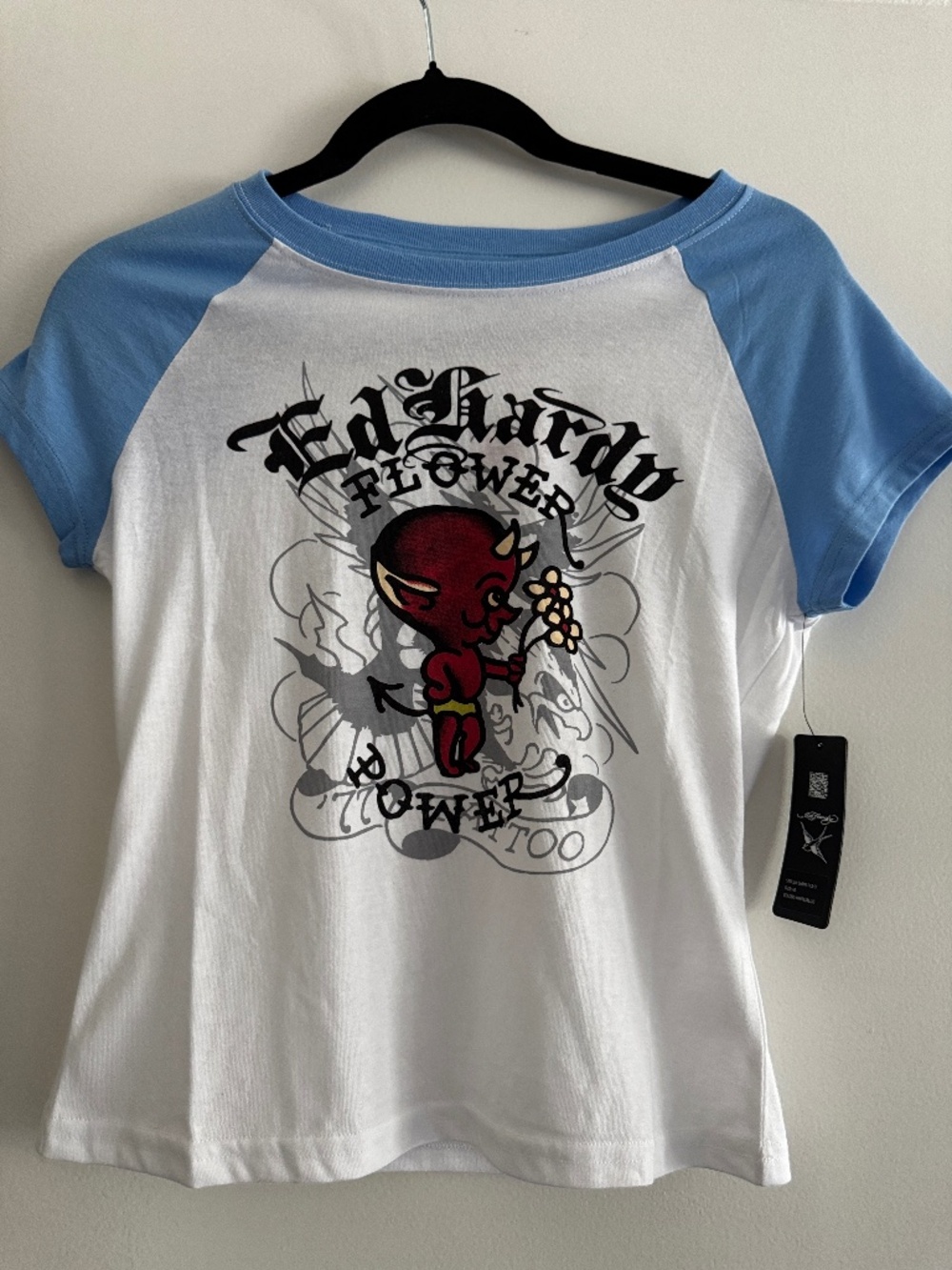 Ed Hardy “Flower Power” Devil Graphic Tee | Size Petite L | Y2K Tattoo Style